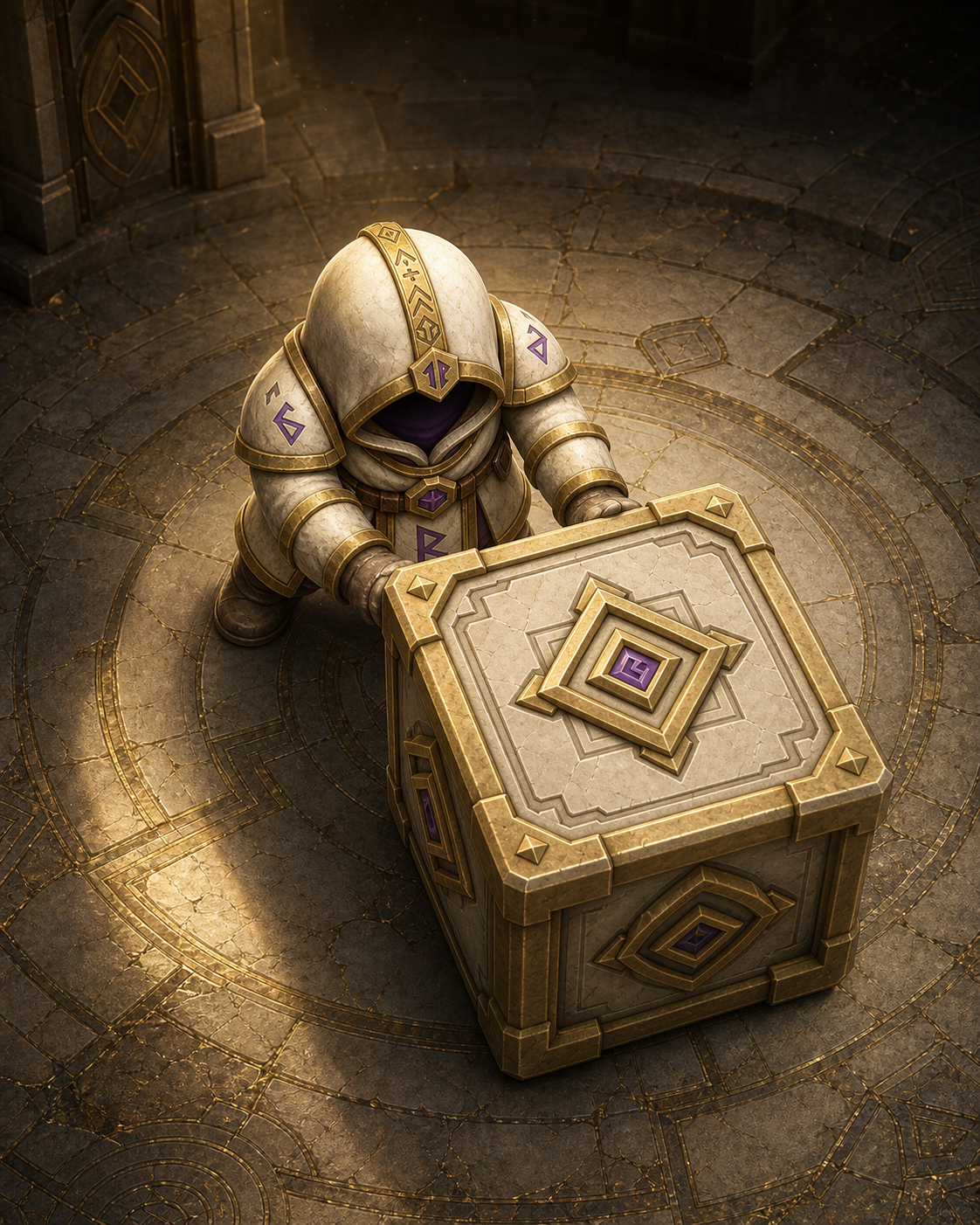 The PushGrid guardian pushing a rune-covered stone block