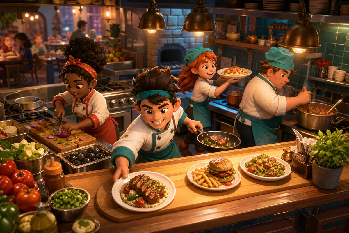 A lively team of chefs preparing dishes together in the Rush Bistro kitchen